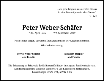 Anzeige von Peter Weber-Schäfer von Kölner Stadt-Anzeiger / Kölnische Rundschau / Express