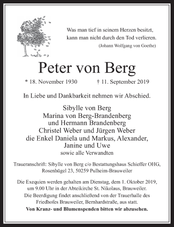 Anzeige von Peter von Berg von  Wochenende 