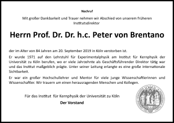 Anzeige von Peter  von Brentano von Kölner Stadt-Anzeiger / Kölnische Rundschau / Express