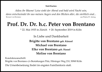 Anzeige von Peter von Brentano von Kölner Stadt-Anzeiger / Kölnische Rundschau / Express