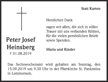 Anzeige von Peter Josef Heinsberg von  Blickpunkt Euskirchen 