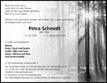 Anzeige von Petra Schmidt von Kölner Stadt-Anzeiger / Kölnische Rundschau / Express