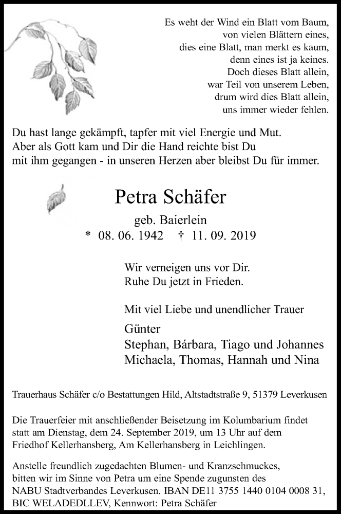  Traueranzeige für Petra Schäfer vom 21.09.2019 aus Kölner Stadt-Anzeiger / Kölnische Rundschau / Express