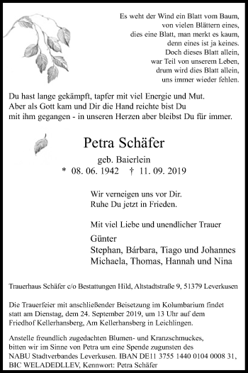 Anzeige von Petra Schäfer von Kölner Stadt-Anzeiger / Kölnische Rundschau / Express