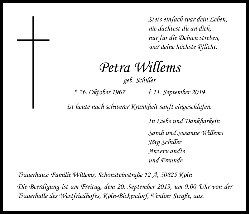  Traueranzeige für Petra Willems vom 16.09.2019 aus Kölner Stadt-Anzeiger / Kölnische Rundschau / Express