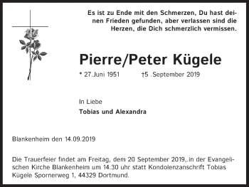 Anzeige von Pierre/Peter Kügele von Kölner Stadt-Anzeiger / Kölnische Rundschau / Express
