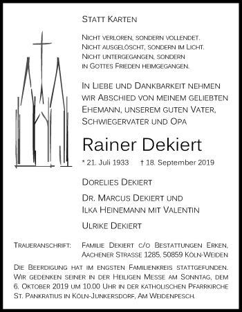Anzeige von Rainer Dekiert von Kölner Stadt-Anzeiger / Kölnische Rundschau / Express