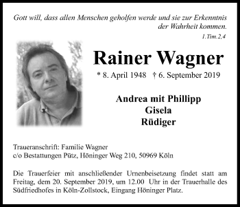 Anzeige von Rainer Wagner von Kölner Stadt-Anzeiger / Kölnische Rundschau / Express
