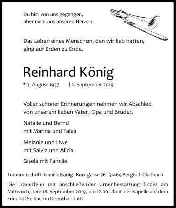 Anzeige von Reinhard König von Kölner Stadt-Anzeiger / Kölnische Rundschau / Express