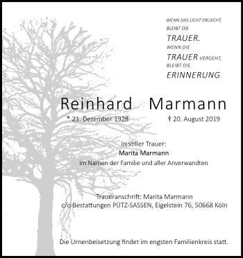 Anzeige von Reinhard Marmann von Kölner Stadt-Anzeiger / Kölnische Rundschau / Express