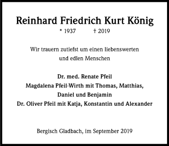Anzeige von Reinhard Friedrich Kurt König von Kölner Stadt-Anzeiger / Kölnische Rundschau / Express