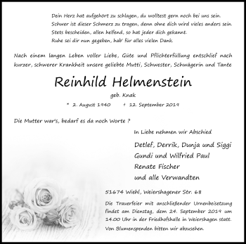Anzeige von Reinhild Helmenstein von Kölner Stadt-Anzeiger / Kölnische Rundschau / Express