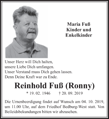 Anzeige von Reinhold Fuß von  Sonntags-Post 