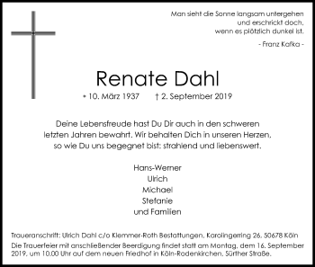Anzeige von Renate Dahl von Kölner Stadt-Anzeiger / Kölnische Rundschau / Express