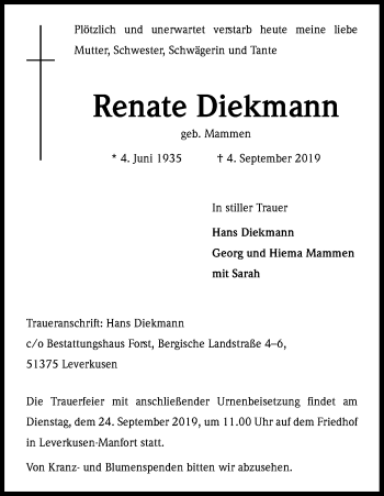 Anzeige von Renate Diekmann von Kölner Stadt-Anzeiger / Kölnische Rundschau / Express
