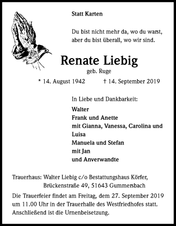 Anzeige von Renate Liebig von Kölner Stadt-Anzeiger / Kölnische Rundschau / Express