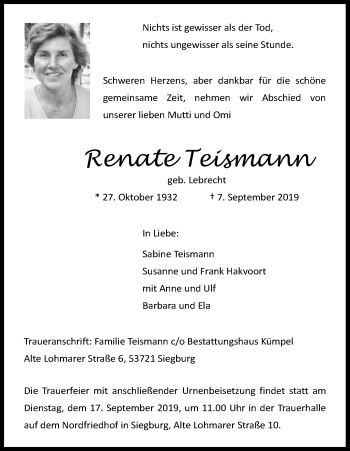 Anzeige von Renate Teismann von Kölner Stadt-Anzeiger / Kölnische Rundschau / Express