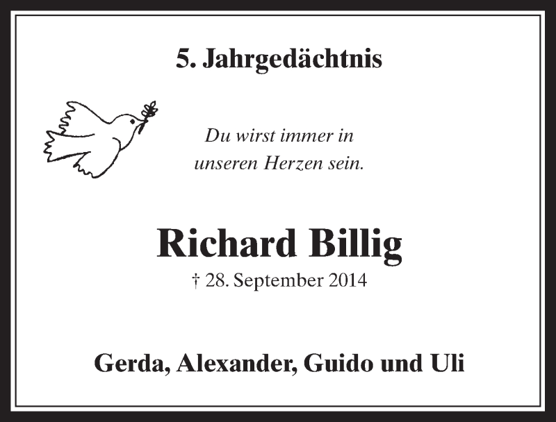  Traueranzeige für Richard Billig vom 25.09.2019 aus  Werbepost 