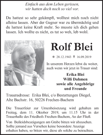 Anzeige von Rolf Blei von  Wochenende 