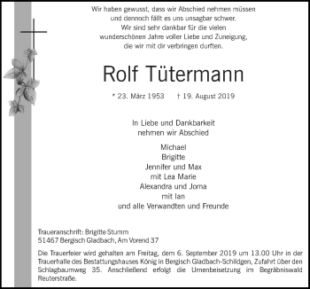 Anzeige von Rolf Tütermann von  Bergisches Handelsblatt 