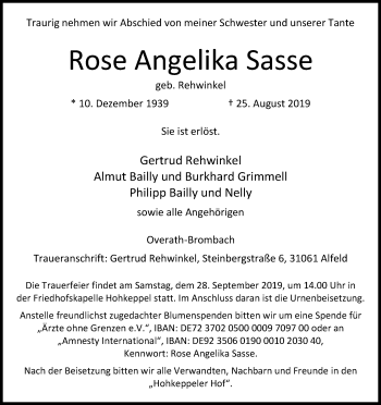 Anzeige von Rose Angelika Sasse von Kölner Stadt-Anzeiger / Kölnische Rundschau / Express