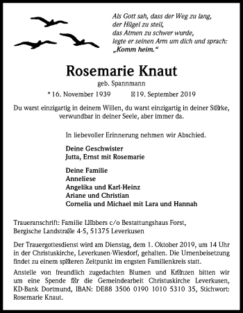Anzeige von Rosemarie Knaut von Kölner Stadt-Anzeiger / Kölnische Rundschau / Express