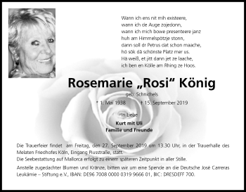 Anzeige von Rosemarie König von Kölner Stadt-Anzeiger / Kölnische Rundschau / Express