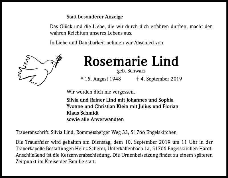  Traueranzeige für Rosemarie Lind vom 07.09.2019 aus Kölner Stadt-Anzeiger / Kölnische Rundschau / Express