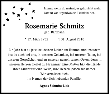 Anzeige von Rosemarie Schmitz von Kölner Stadt-Anzeiger / Kölnische Rundschau / Express