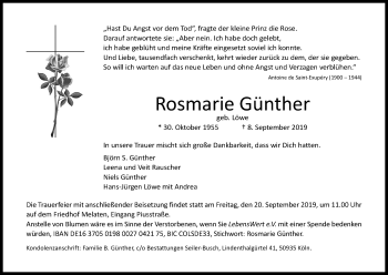 Anzeige von Rosmarie Günther von Kölner Stadt-Anzeiger / Kölnische Rundschau / Express
