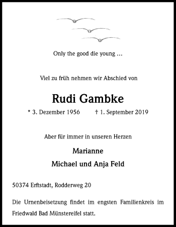 Anzeige von Rudi Gambke von Kölner Stadt-Anzeiger / Kölnische Rundschau / Express