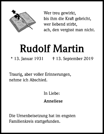 Anzeige von Rudolf Martin von Kölner Stadt-Anzeiger / Kölnische Rundschau / Express