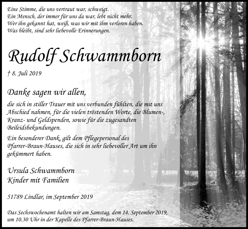  Traueranzeige für Rudolf Schwammborn vom 07.09.2019 aus Kölner Stadt-Anzeiger / Kölnische Rundschau / Express