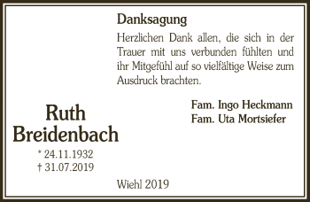 Anzeige von Ruth Breidenbach von  Anzeigen Echo  Lokalanzeiger 