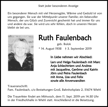 Anzeige von Ruth Faulenbach von Kölner Stadt-Anzeiger / Kölnische Rundschau / Express