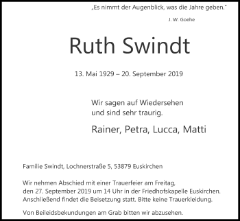 Anzeige von Ruth Swindt von Kölner Stadt-Anzeiger / Kölnische Rundschau / Express