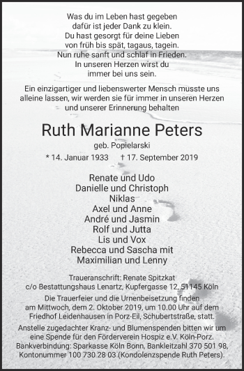 Anzeige von Ruth Marianne Peters von  Kölner Wochenspiegel 