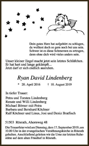Anzeige von Ryan David Lindenberg von  Bergisches Handelsblatt  Kölner Wochenspiegel 