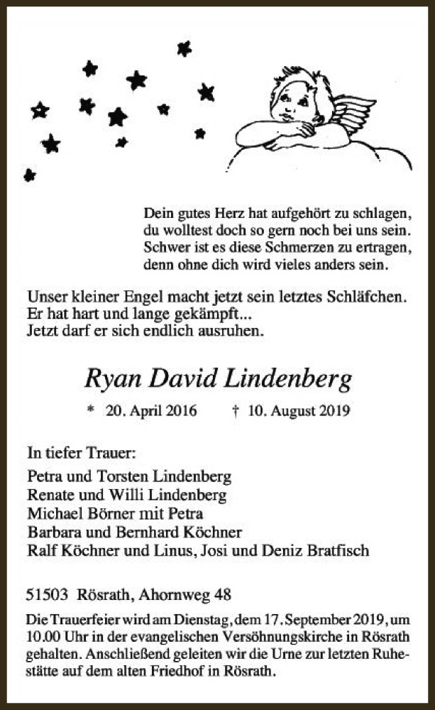 Traueranzeige für Ryan David Lindenberg vom 11.09.2019 aus  Bergisches Handelsblatt  Kölner Wochenspiegel 