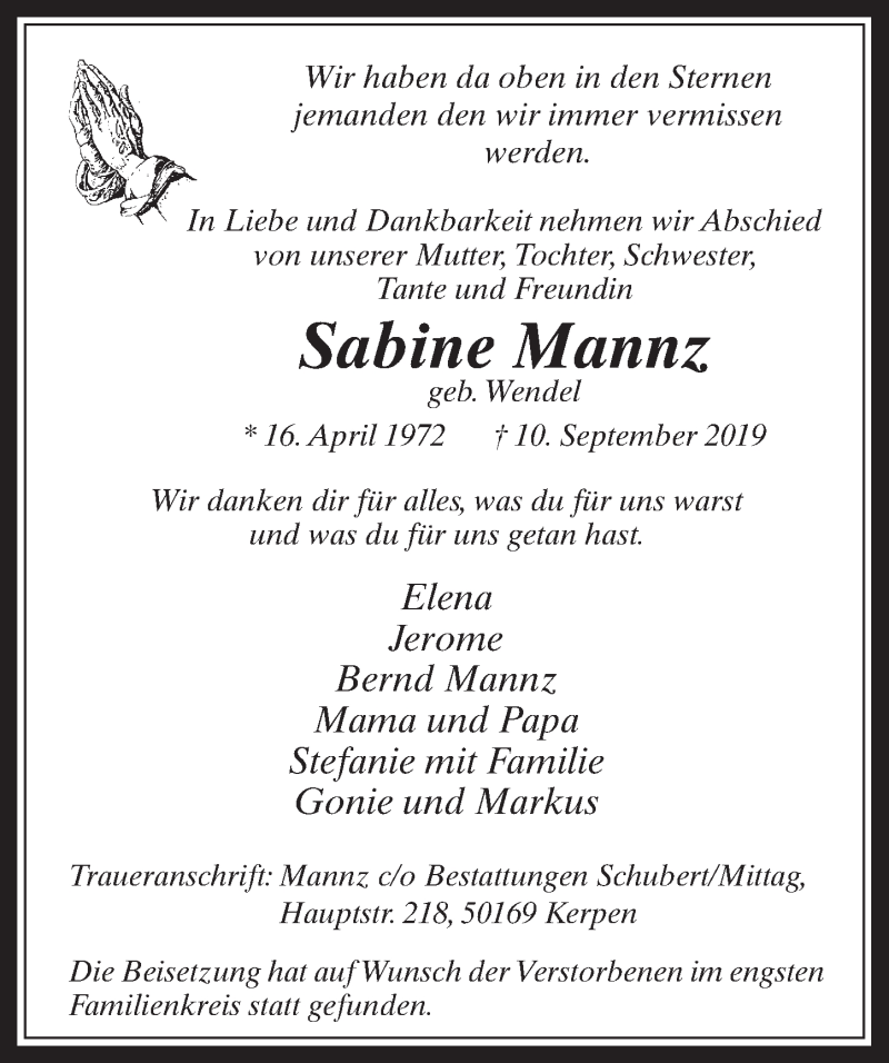  Traueranzeige für Sabine Mannz vom 25.09.2019 aus  Werbepost 
