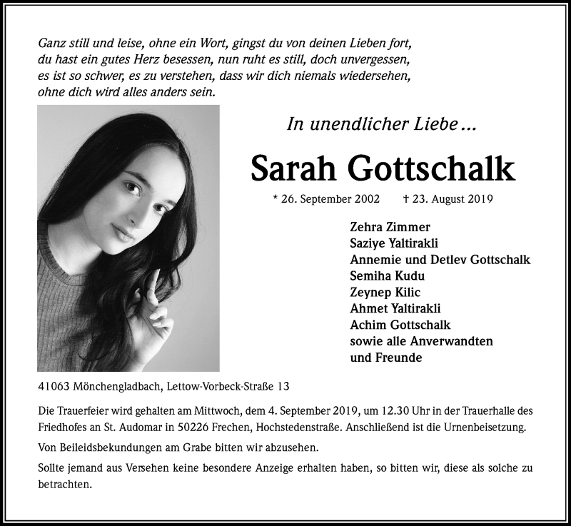  Traueranzeige für Sarah Gottschalk vom 03.09.2019 aus Kölner Stadt-Anzeiger / Kölnische Rundschau / Express