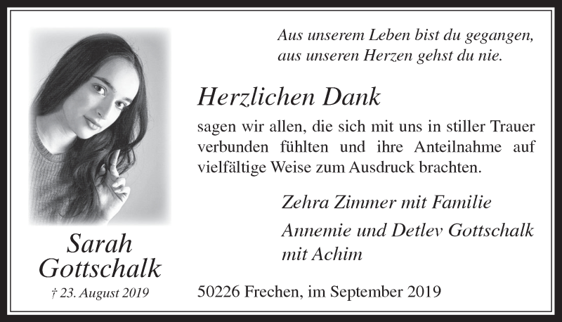  Traueranzeige für Sarah Gottschalk vom 25.09.2019 aus  Wochenende 