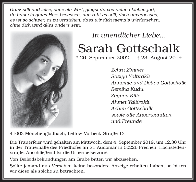  Traueranzeige für Sarah Gottschalk vom 04.09.2019 aus  Wochenende 