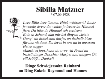 Anzeige von Sibilla Matzner von  Werbepost 