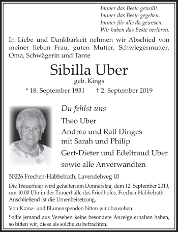 Anzeige von Sibilla Uber von  Sonntags-Post 