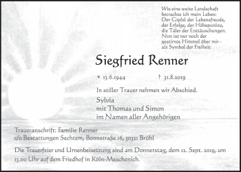 Anzeige von Siegfried Kenner von  Kölner Wochenspiegel 