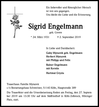 Anzeige von Sigrid Engelmann von Kölner Stadt-Anzeiger / Kölnische Rundschau / Express
