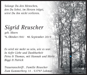 Anzeige von Sigrid Reuscher von Kölner Stadt-Anzeiger / Kölnische Rundschau / Express