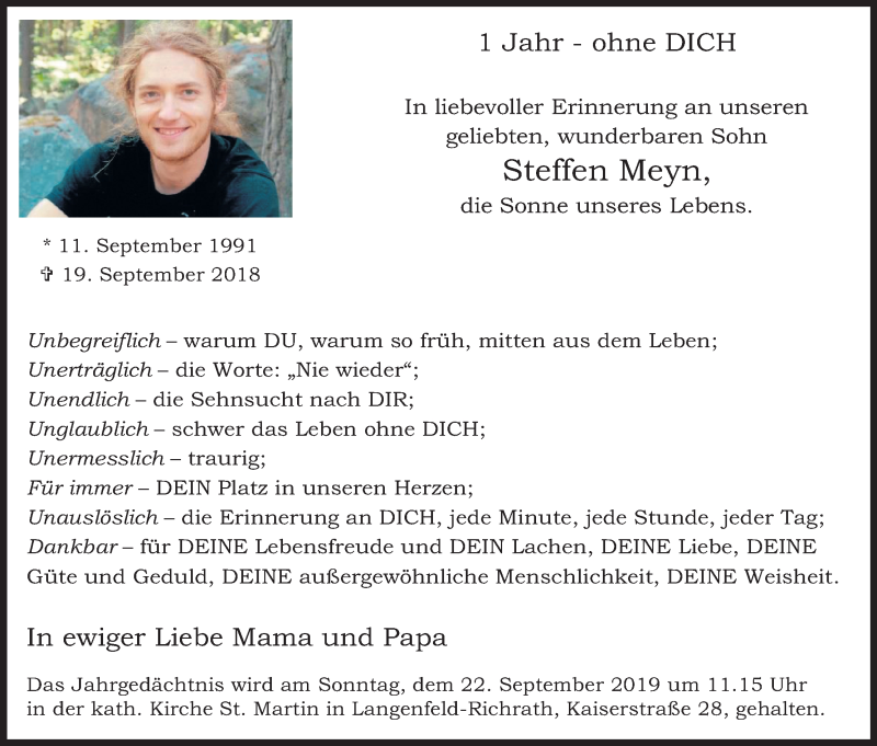  Traueranzeige für Steffen Meyn vom 19.09.2019 aus Kölner Stadt-Anzeiger / Kölnische Rundschau / Express