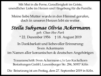 Anzeige von Stella Suhyenae Olivia  Ackermann von Kölner Stadt-Anzeiger / Kölnische Rundschau / Express